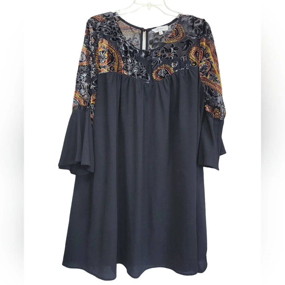 XL UMGEE Cotton Blend Black & Colorful Sheer Velour Bell Sleeve Midi Dress - Picture 5 of 8